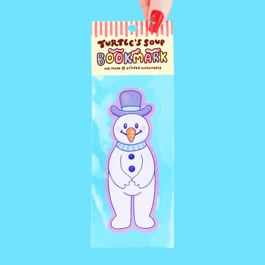 Bookmark with snowman design in clear packaging against a blue background