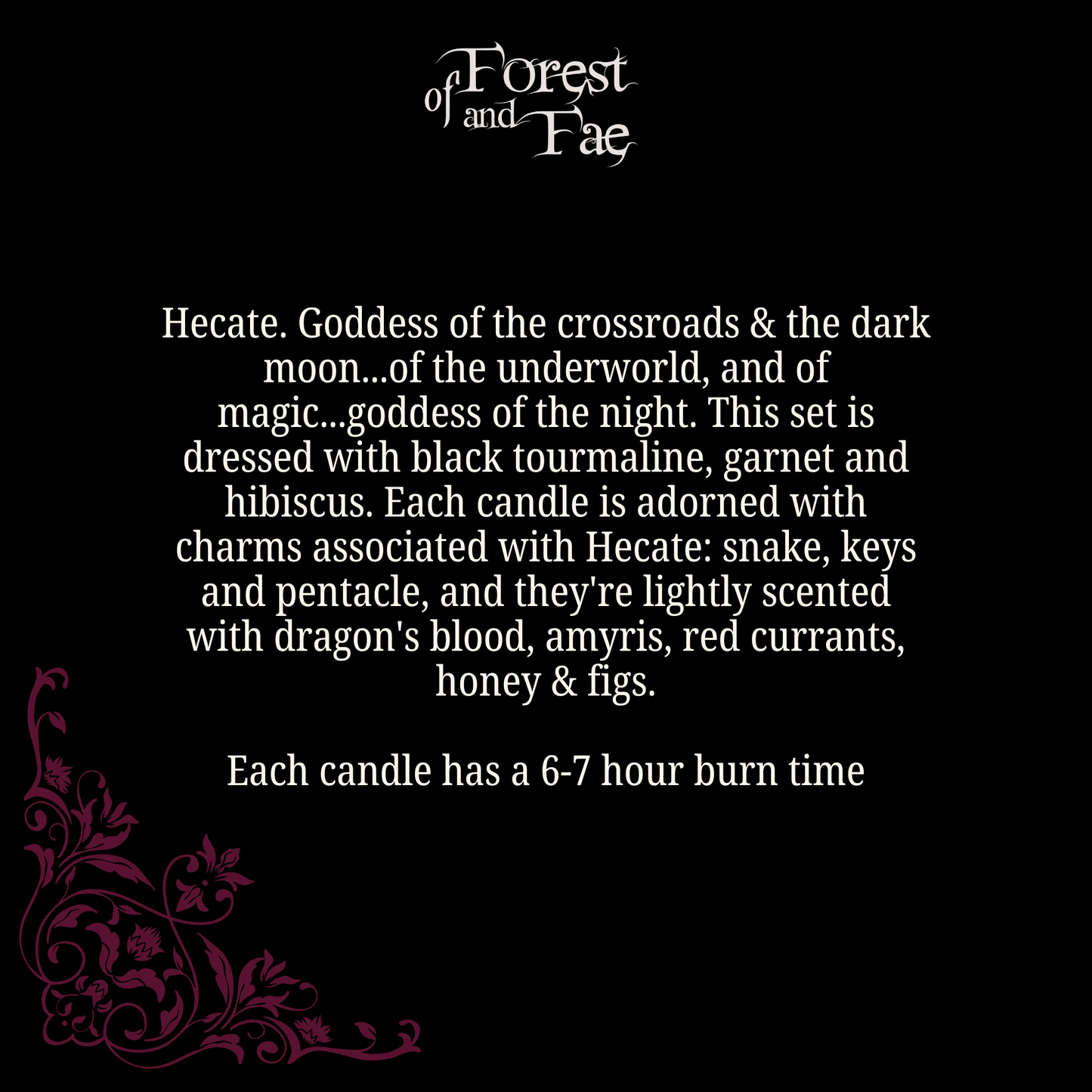 Product description card for 'Forest of Fae' Hecate candle set on a black background with decorative text and design elements.