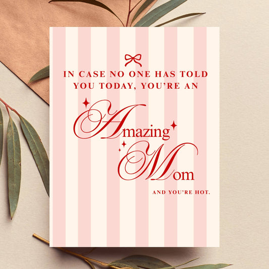 Greeting card with pink stripes and red tex