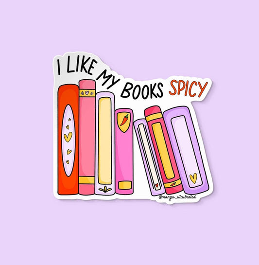 Sticker with colorful books and text 'I Like My Books Spicy' on a light purple background