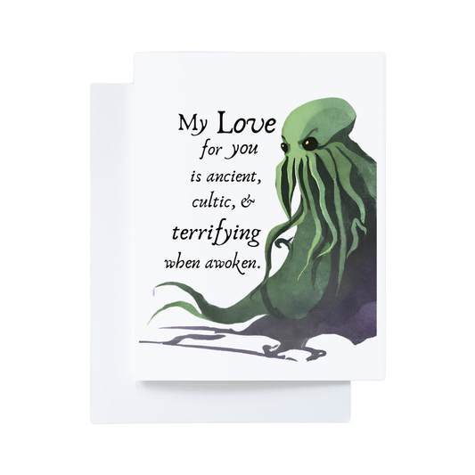 Card with a green cthulhu illustration and humorous text on a white background