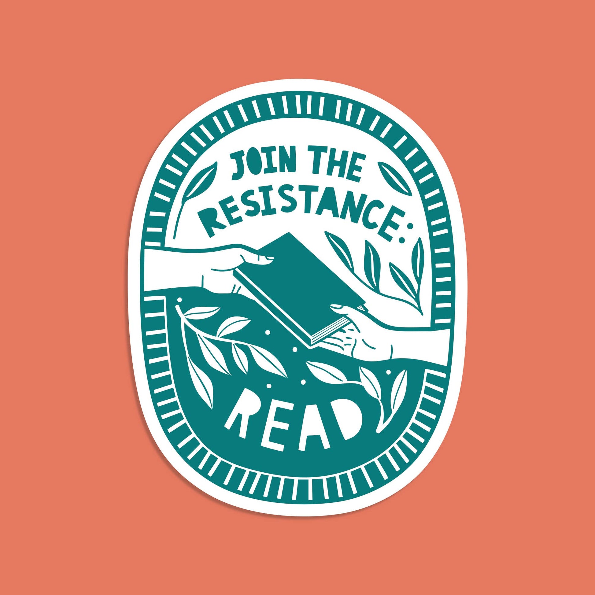 Teal 'Join the Resistance, Read' graphic on a peach background