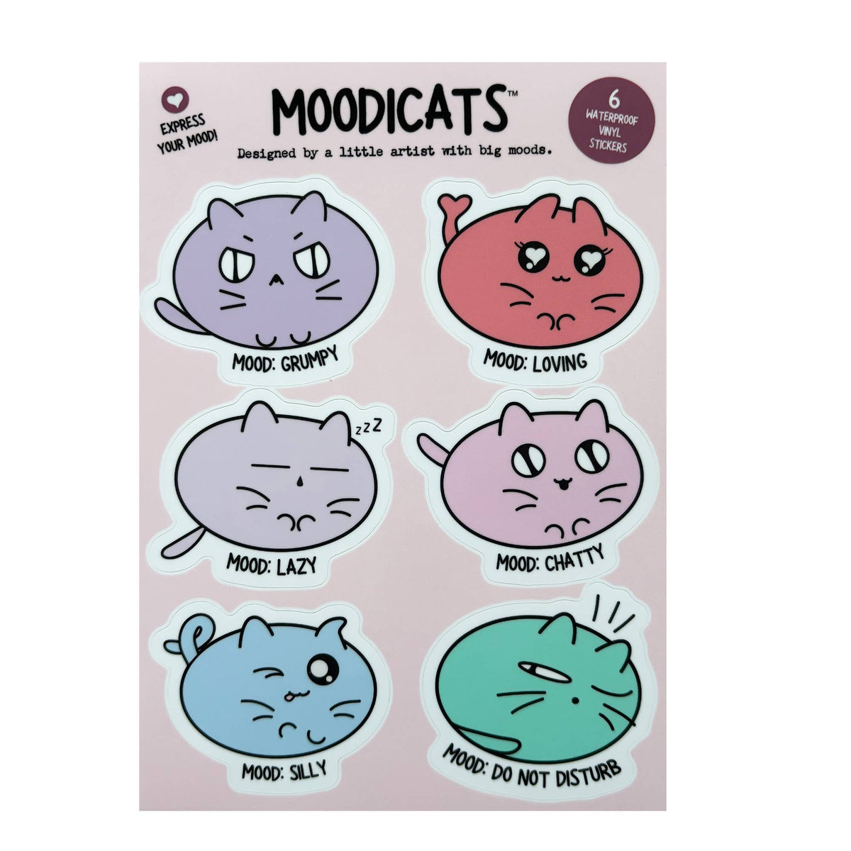 A sheet of six Moodicats die-cut stickers on a pale pink backing card. The stickers feature six cartoon cats in different moods: grumpy, loving, lazy, chatty, silly, and do not disturb, in pastel purple, red, lavender, pink, blue, and teal colors.