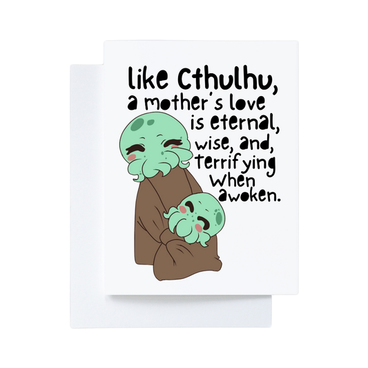 Card with cartoon depiction of a mother and child with text about a mother's love.