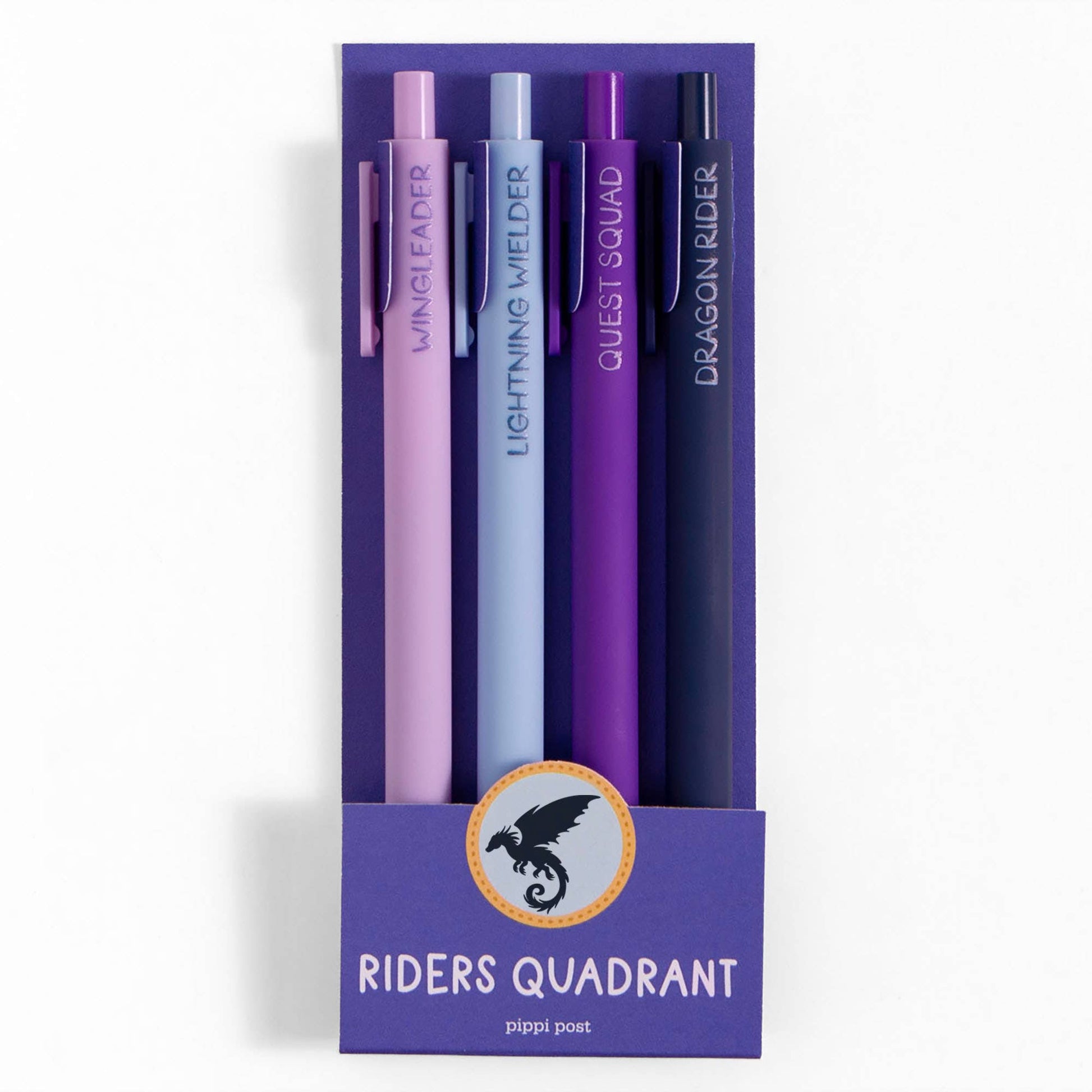 Set of pens in a purple packaging with 'Riders Quadrant' branding on a white background