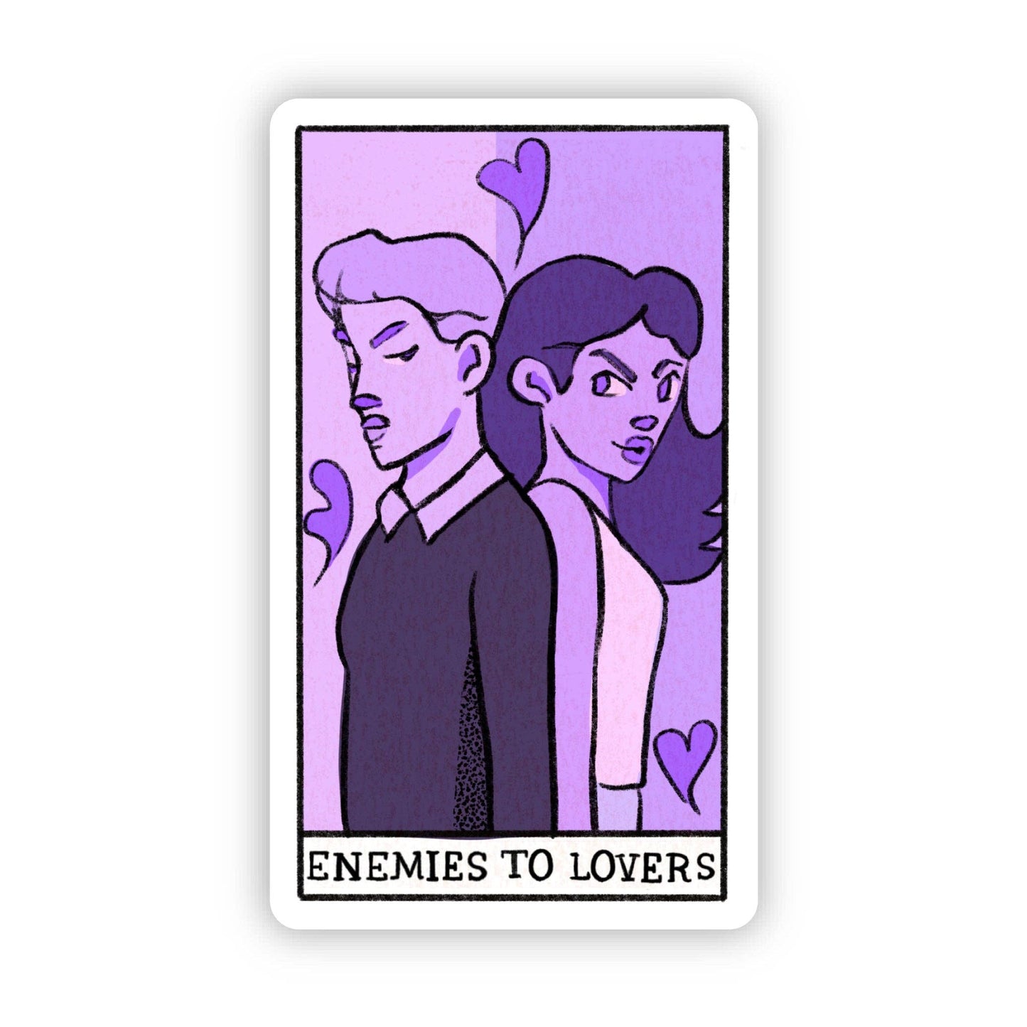 Illustration of two people with the text 'Enemies to Lovers' on a purple background