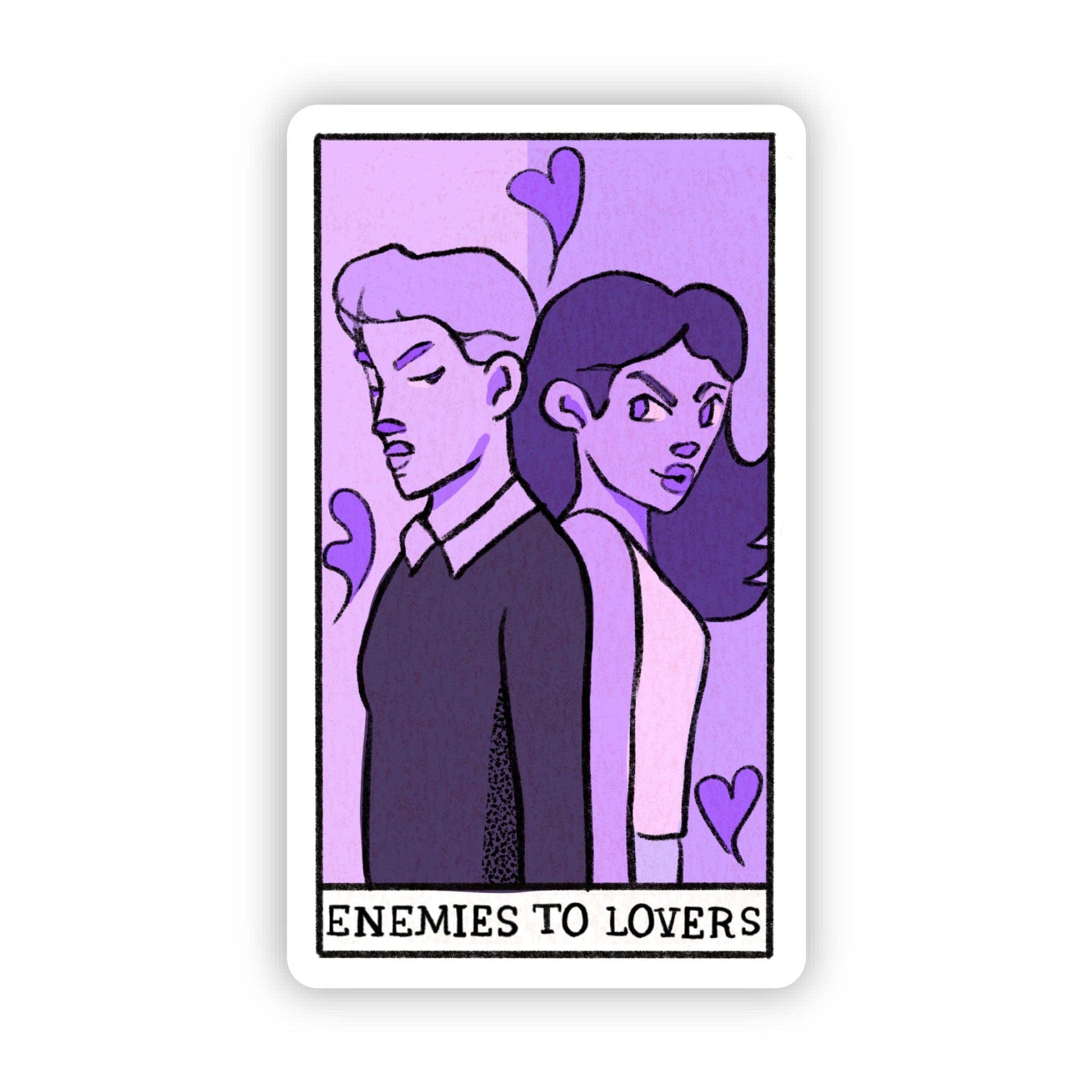 Illustration of two people with the text 'Enemies to Lovers' on a purple background