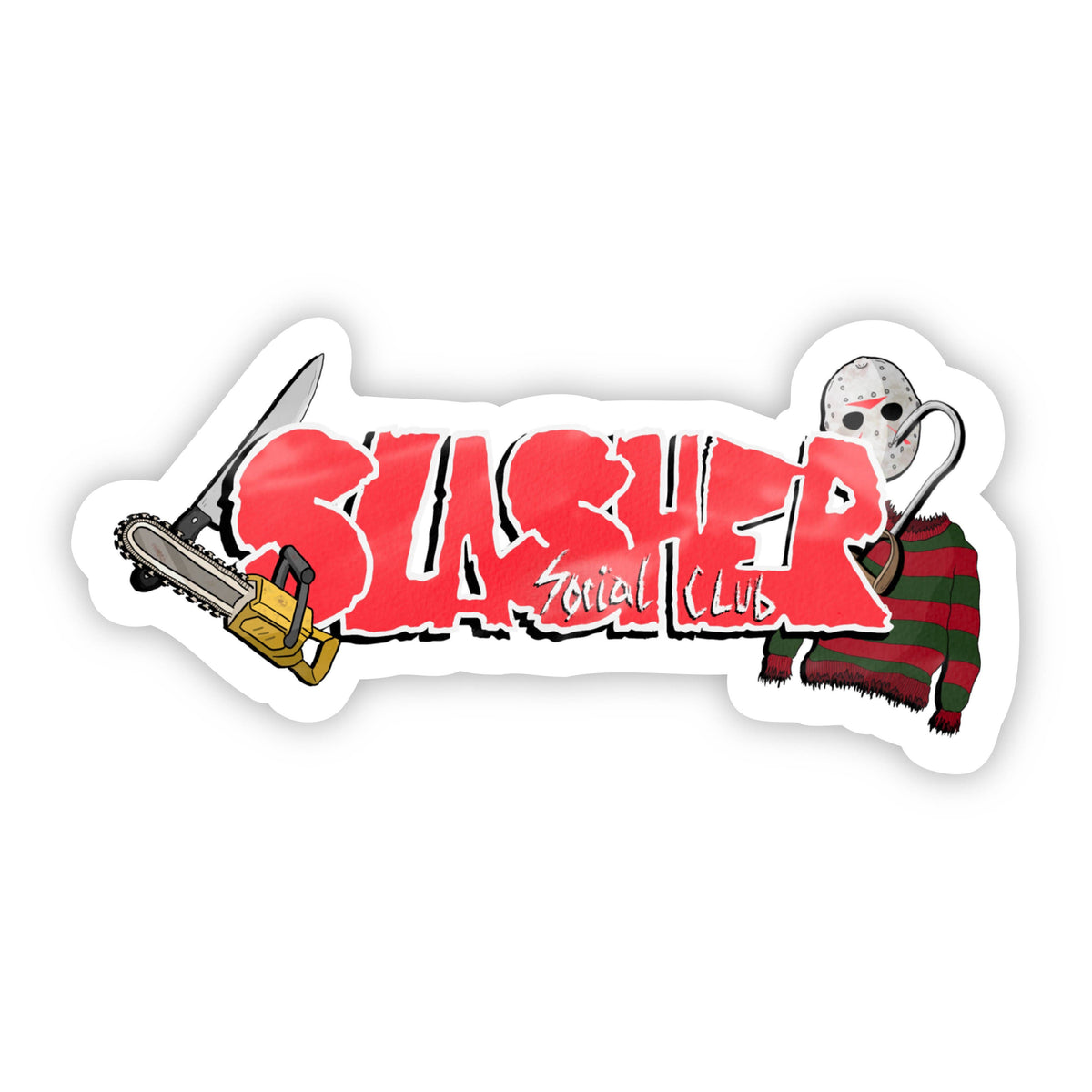 Sticker with 'Slasher Social Club' text, chainsaw, and character in a red and green outfit on a white background.