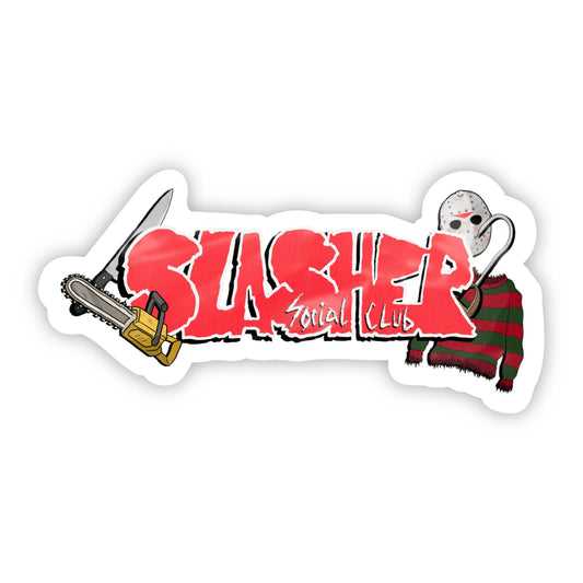 Sticker with 'Slasher Social Club' text, chainsaw, and character in a red and green outfit on a white background.