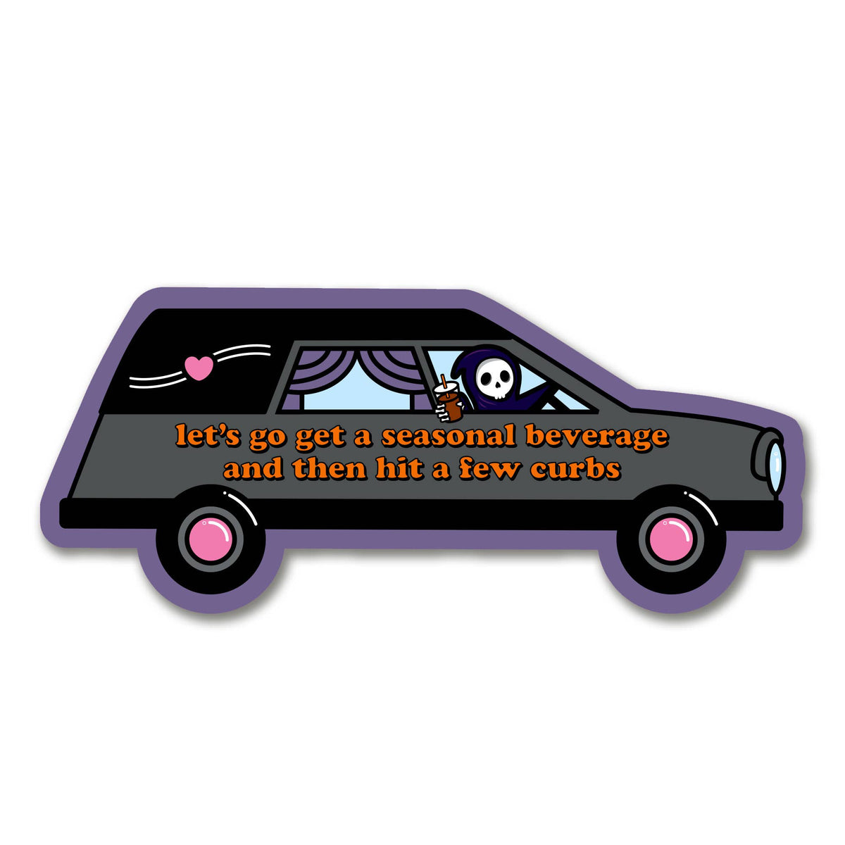 Cartoon-style limousine with a skeleton driver and text on a white background