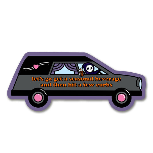 Cartoon-style limousine with a skeleton driver and text on a white background
