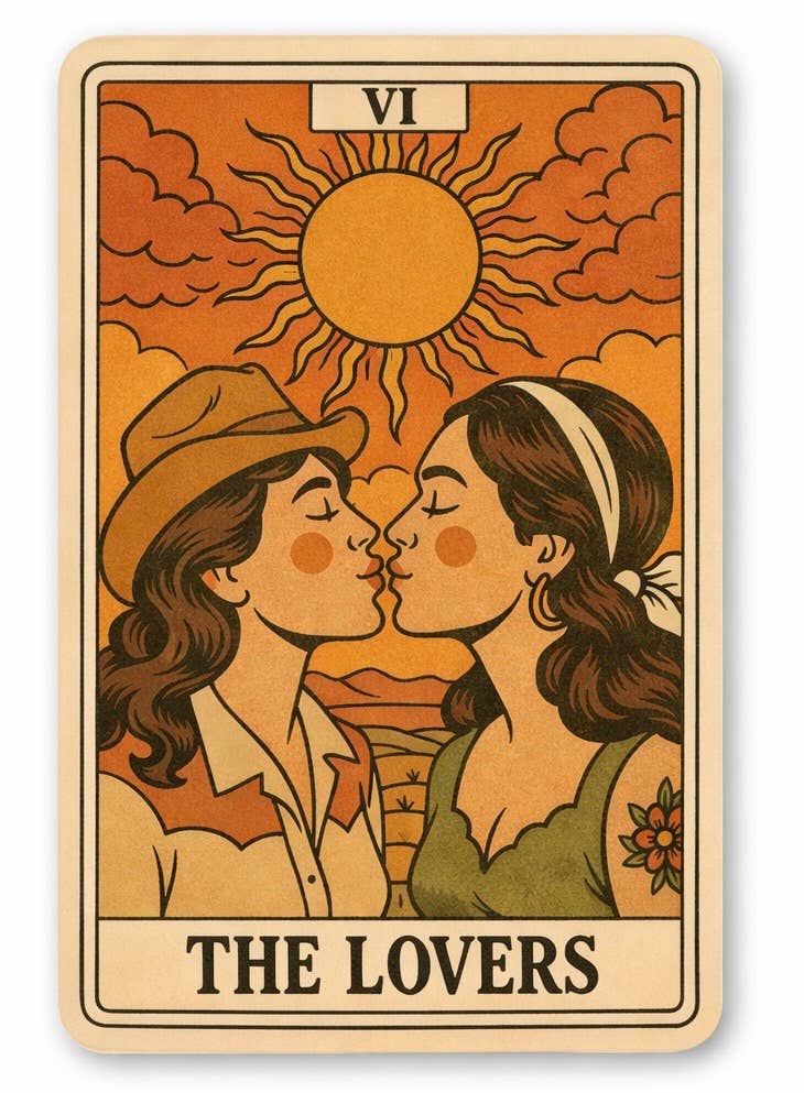 Tarot card titled 'The Lovers' with two people kissing against an orange sky.