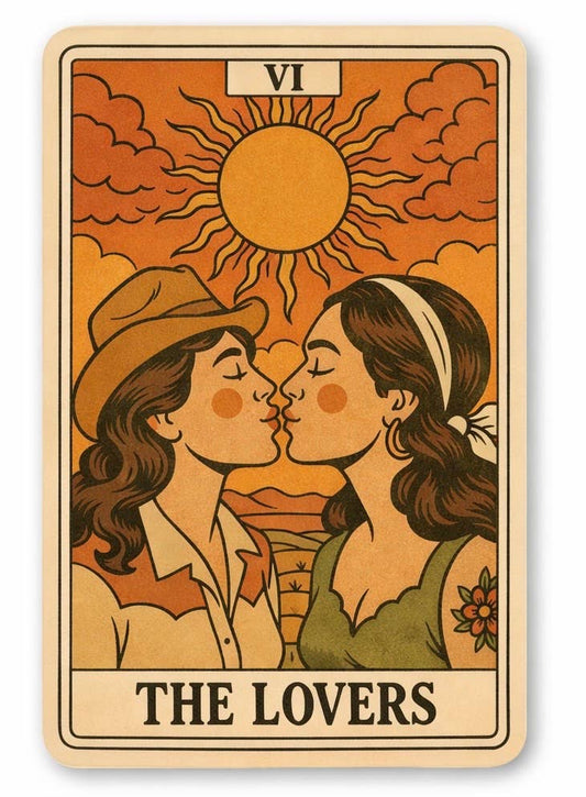 Tarot card titled 'The Lovers' with two people kissing against an orange sky.