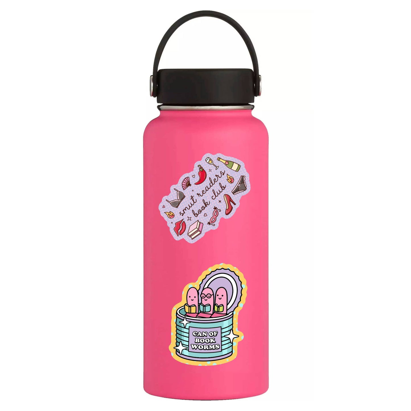 Pink water bottle with stickers on a white background