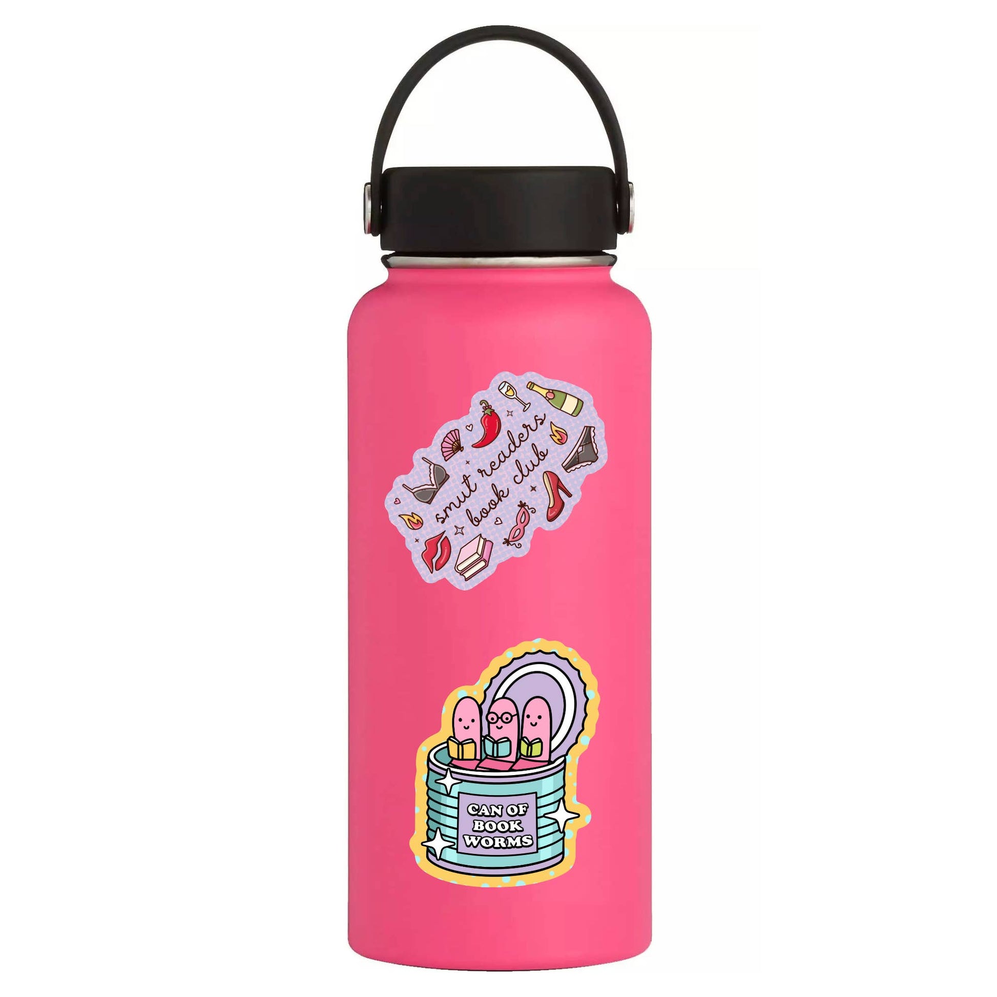 Pink water bottle with stickers on a white background