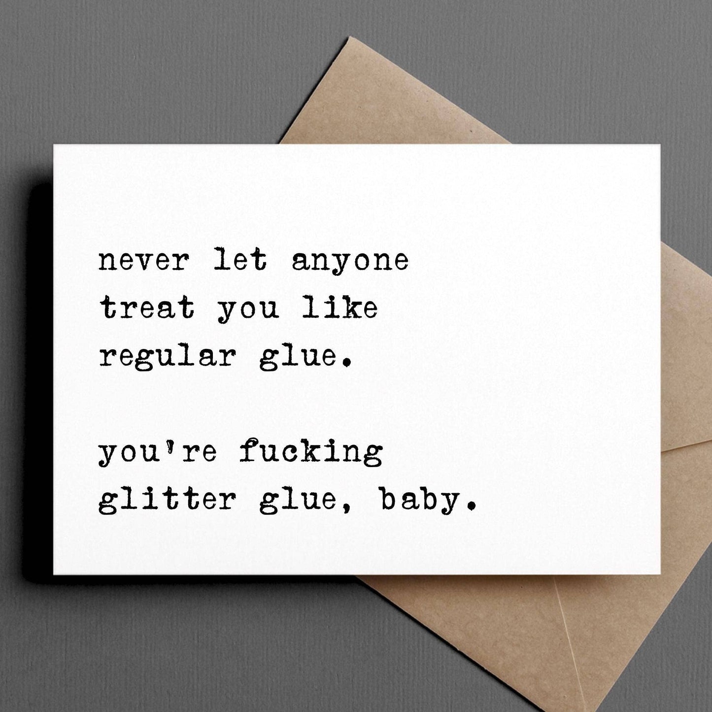 Card with humorous text on a gray background