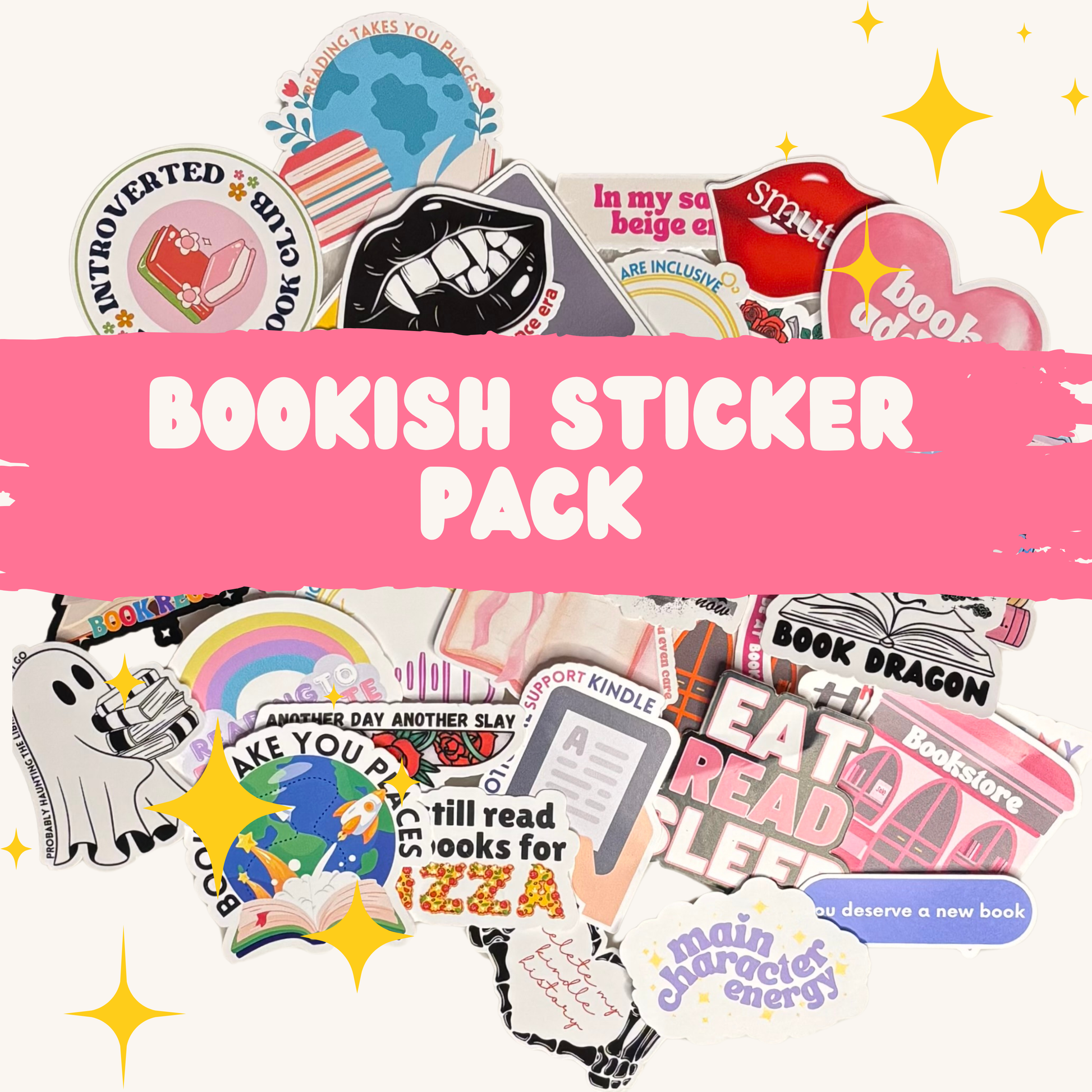 Collection of book-themed stickers with a pink banner labeled 'Bookish Sticker Pack' on a white background.