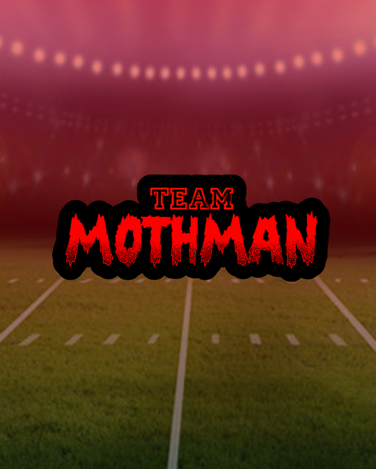 Text 'Team Mothman' on a football field with a dark red background
