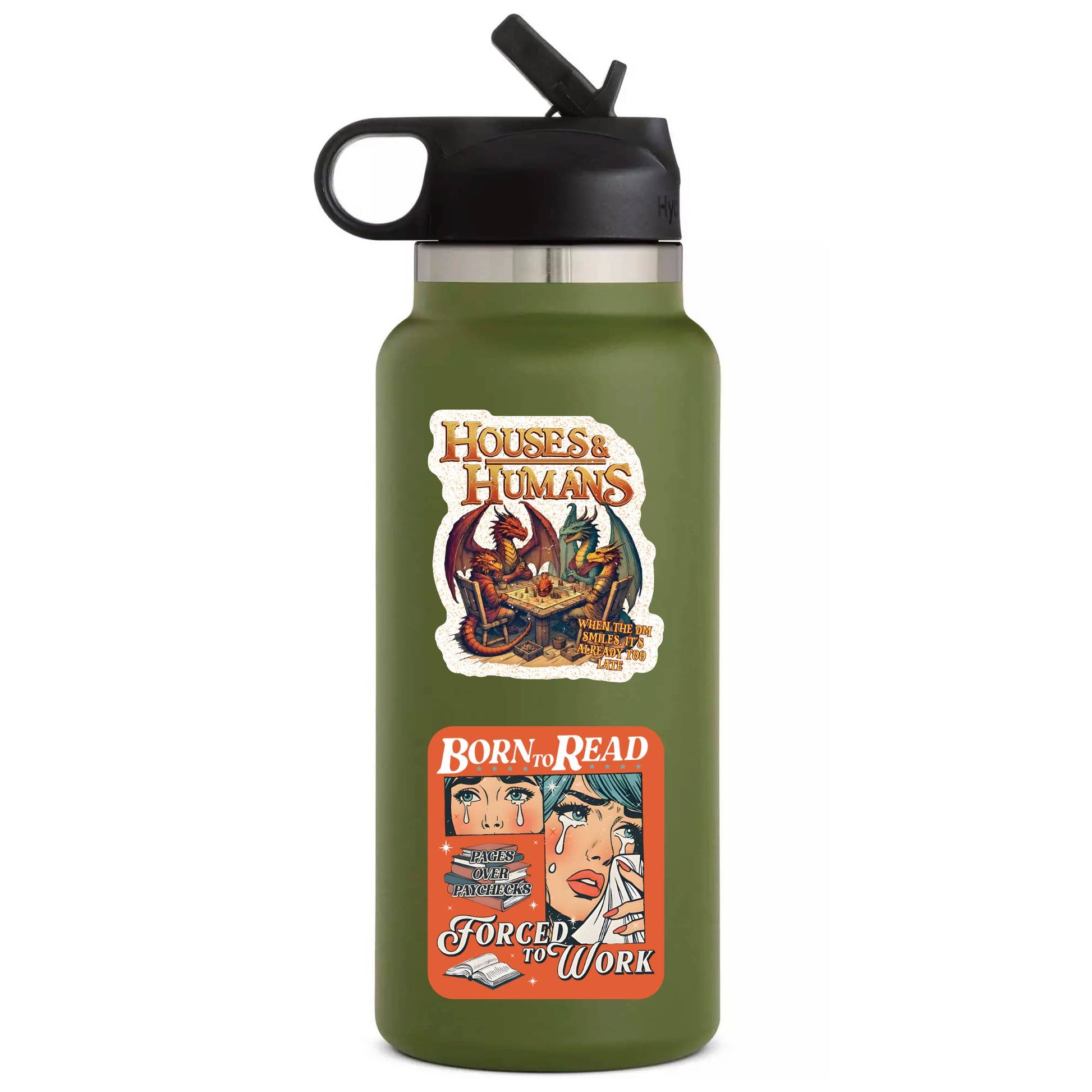 Green water bottle with 'Born to Read, Forced to Work' and 'House of Humans' stickers on a white background