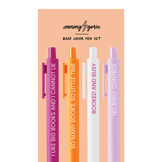 Set of four pens with motivational phrases on a peach background, featuring the brand 'Sammy Gorin'.