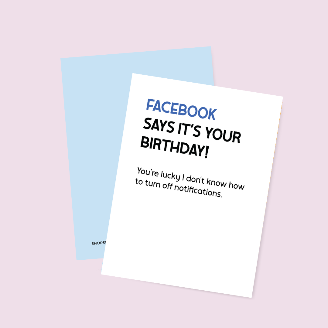 Greeting card with humorous birthday message about Facebook notifications on a light pink background