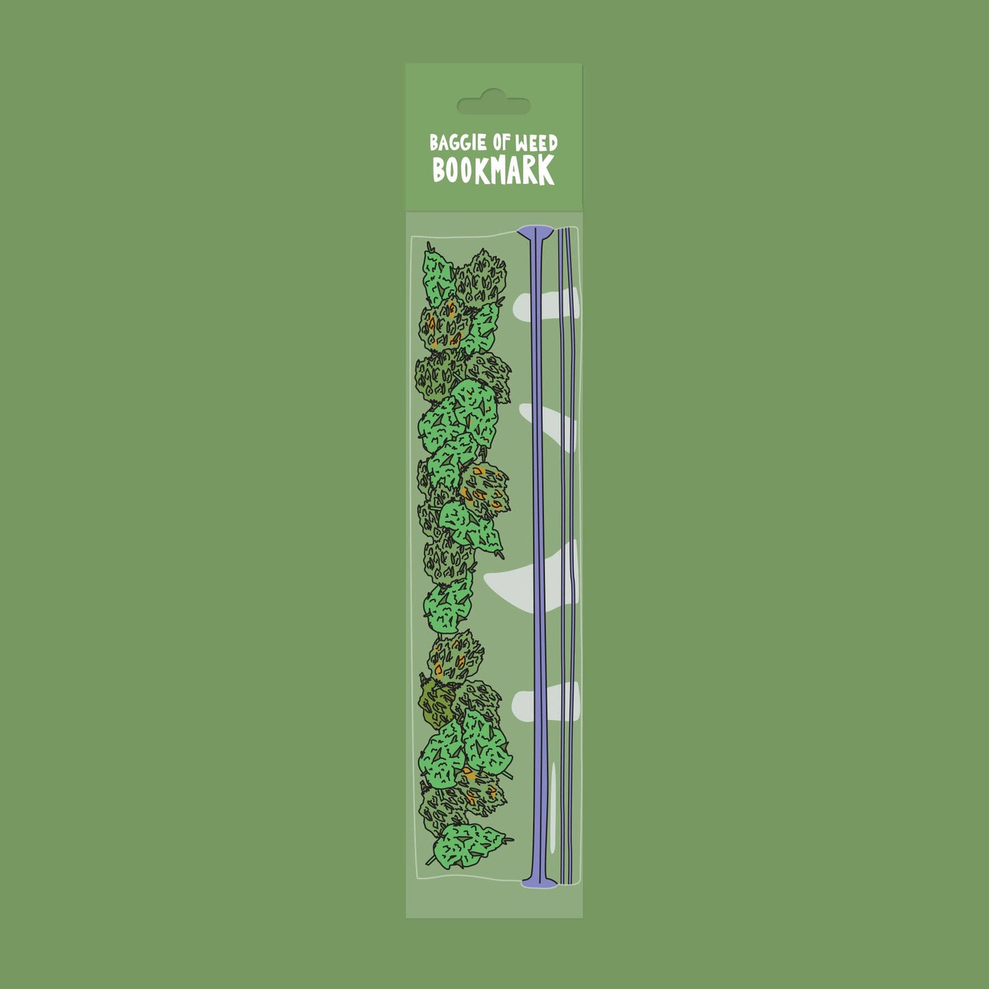 Packaged bookmark with green leaf design on a green background