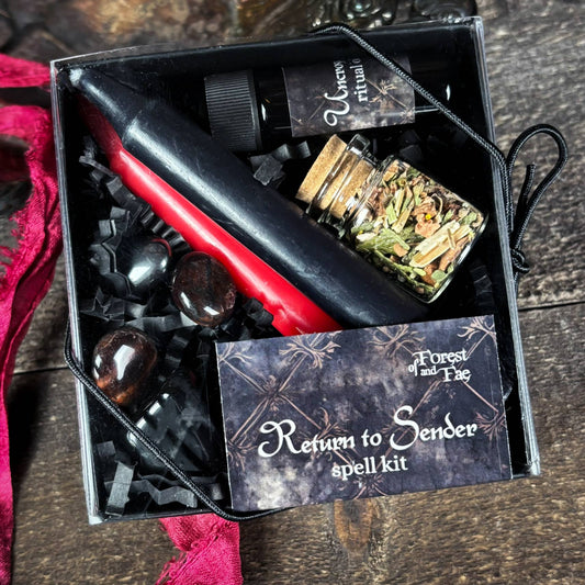 Spell kit labeled 'Return to Sender' with various items in a black box on a wooden surface.