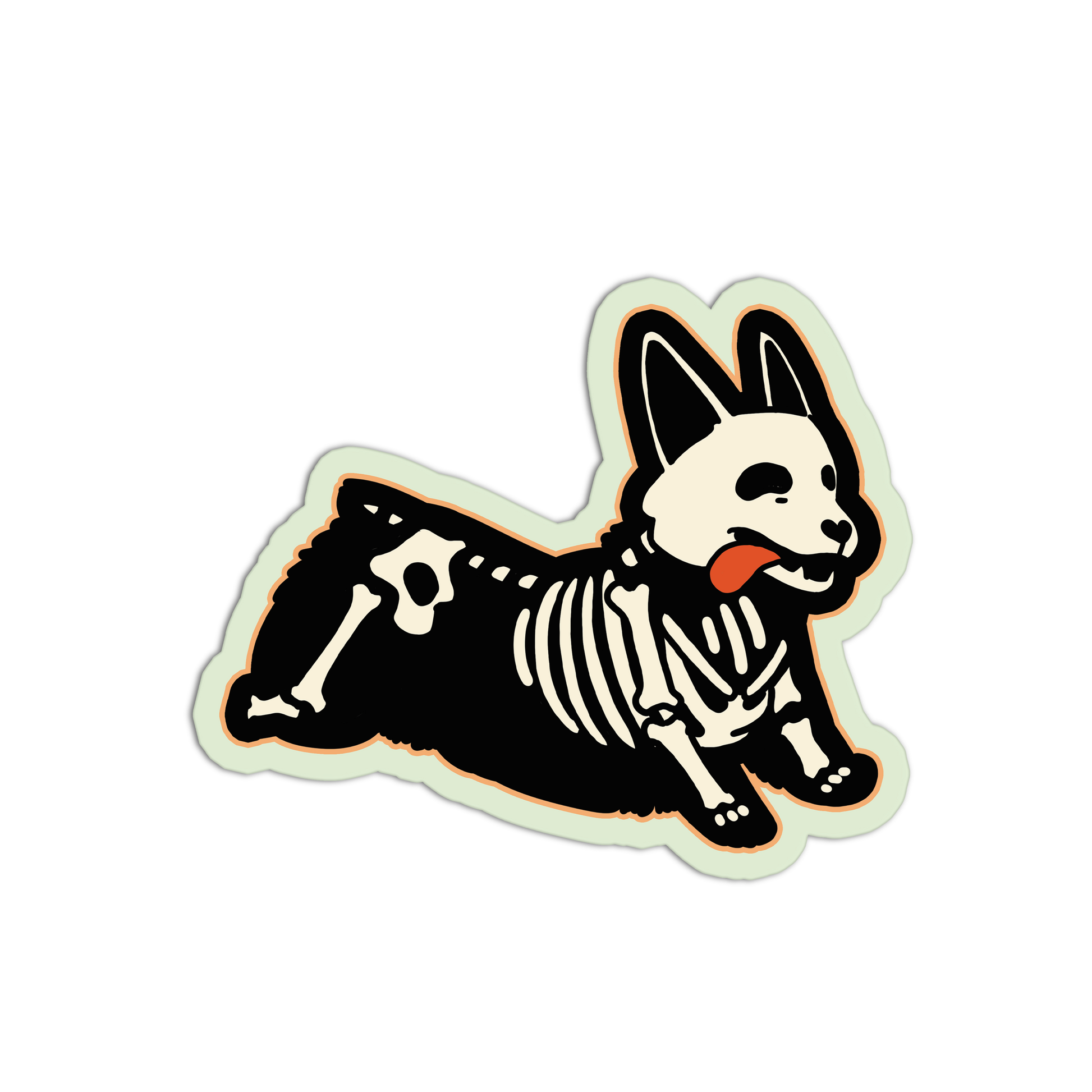 Sticker of a dog with a skeleton design on a white background