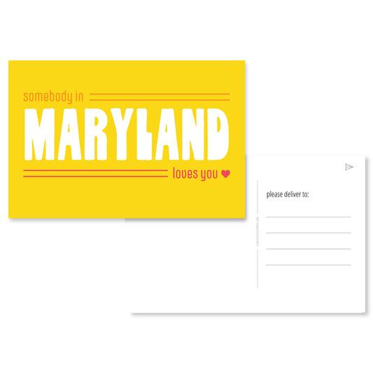 Postcard with 'Somebody in Maryland loves you' text on a yellow background