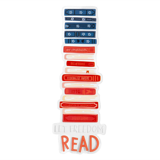 Stack of books with titles and a 'Freedom to Read' label on a white background