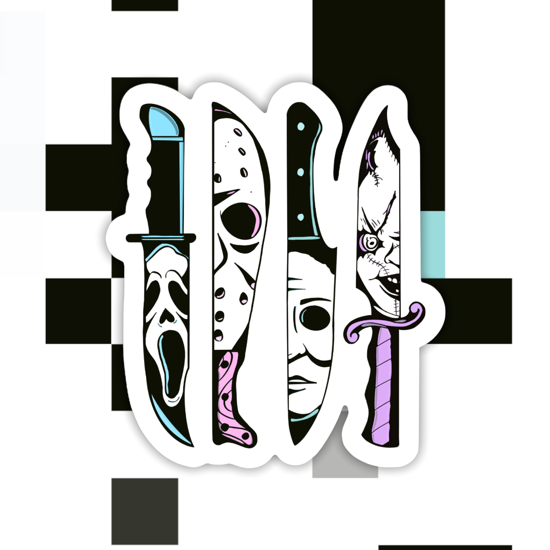 A die-cut sticker featuring four stylized horror-themed knives with faces, shown on a white background with a black and gray checkerboard graphic behind it.