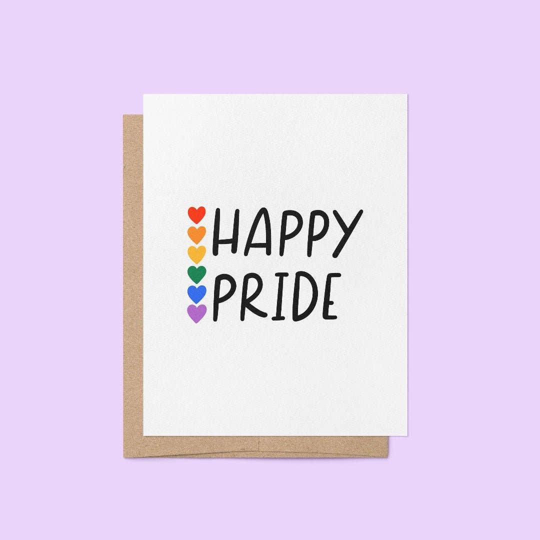 Greeting card with 'Happy Pride' text and colorful hearts on a purple background