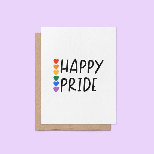 Greeting card with 'Happy Pride' text and colorful hearts on a purple background