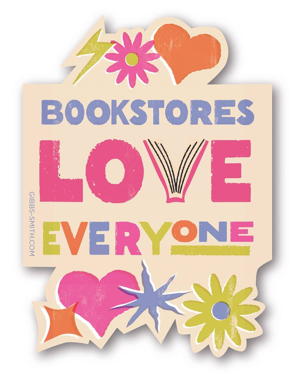 Colorful sticker with 'Bookstores Love Everyone' text and decorative elements on a beige background