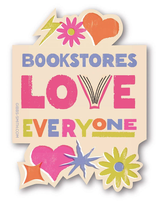 Colorful sticker with 'Bookstores Love Everyone' text and decorative elements on a beige background