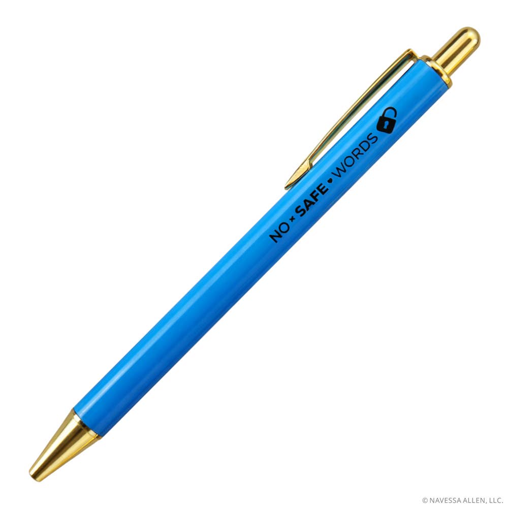 Blue pen with gold accents and 'NO SAFE WORDS' text on a white background