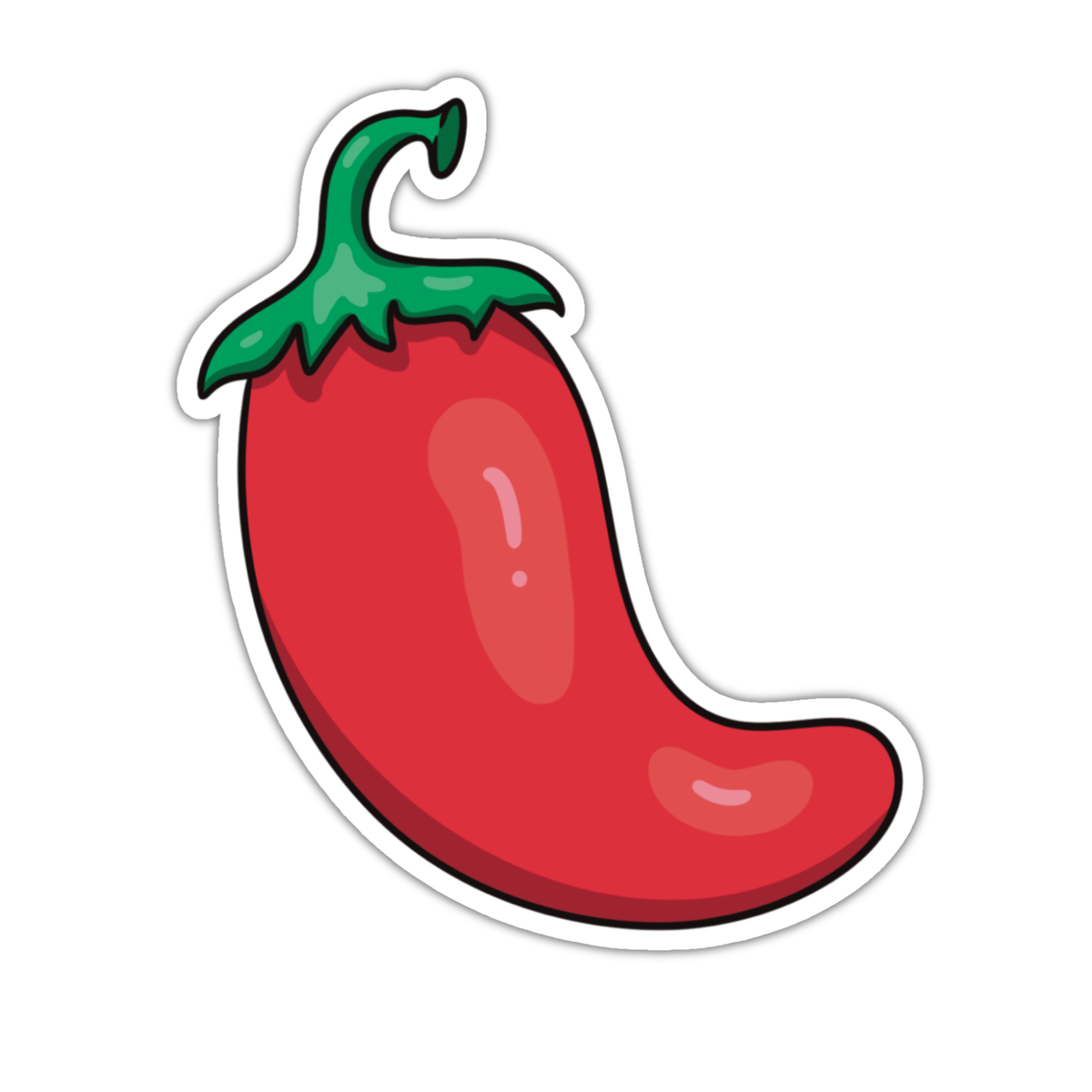 A die-cut sticker of a cartoon chili pepper, featuring a bright red body, a green stem, and a white border, shown on a plain white background.