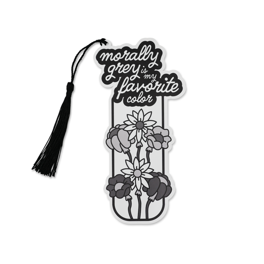 Decorative bookmark with floral design and text on a white background