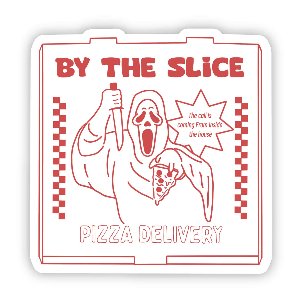 Pizza delivery box with 'By The Slice' branding and ghost holding a pizza illustration.