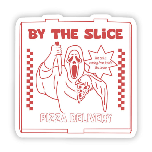Pizza delivery box with 'By The Slice' branding and ghost holding a pizza illustration.