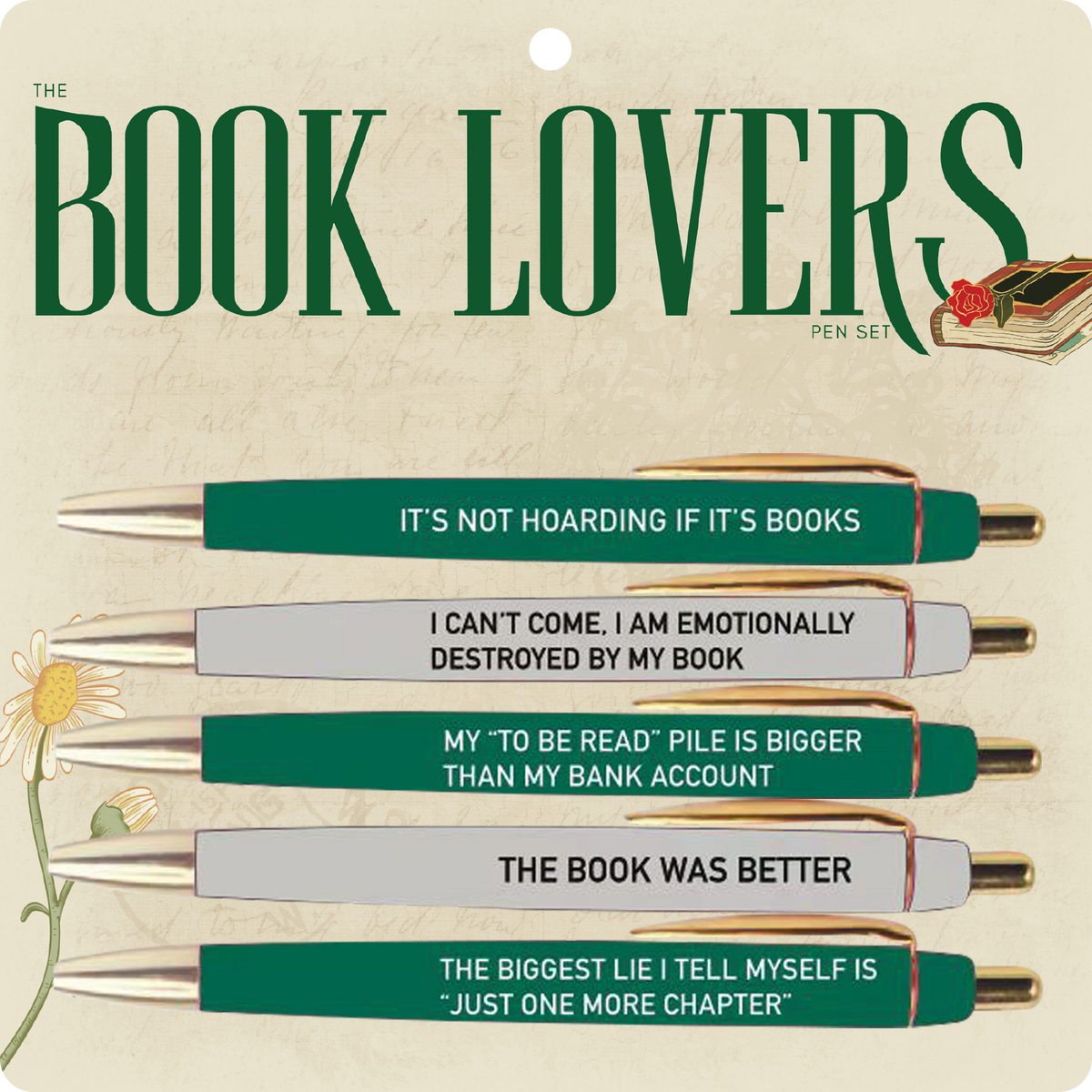 Set of pens with humorous quotes on a 'The Book Lovers' packaging.