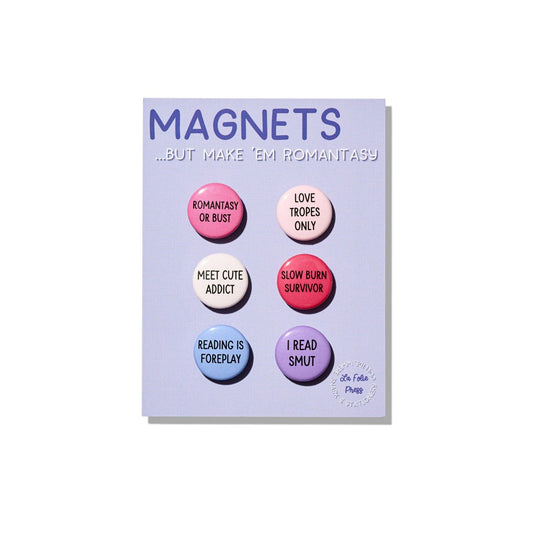 Set of six colorful buttons with text on a purple card labeled 'Magnets'.