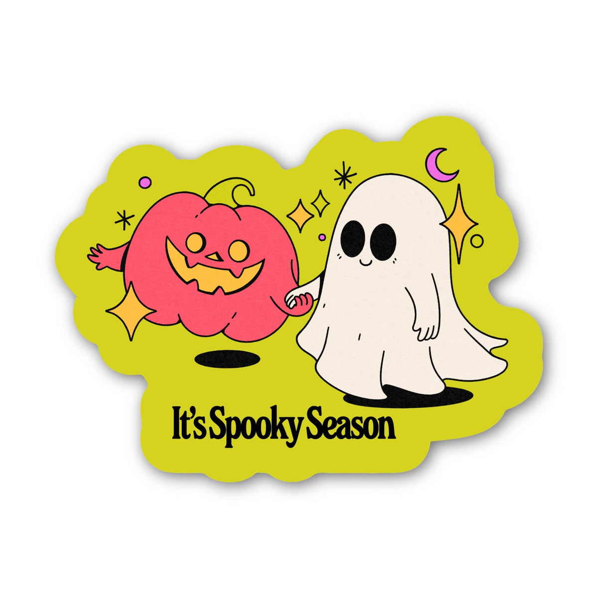 A die-cut sticker featuring a pink jack-o'-lantern and a white ghost holding hands, with the text 'It's Spooky Season' in black at the bottom, on a light yellow-green background.