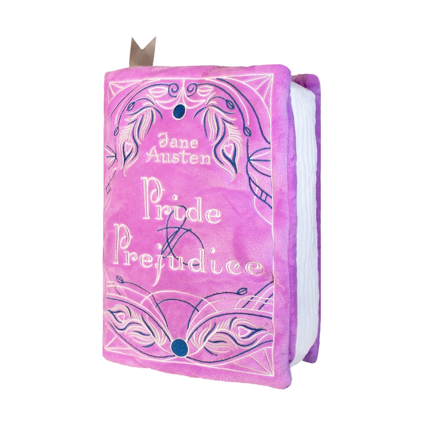 Pink plush book-shaped pillow with 'Pride and Prejudice' by Jane Austen on a white background