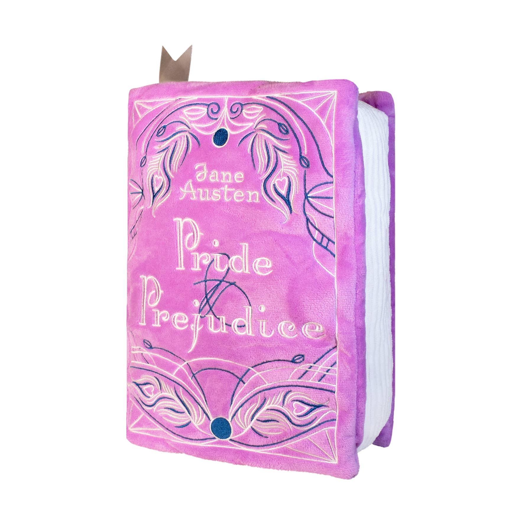 Pink plush book-shaped pillow with 'Pride and Prejudice' by Jane Austen on a white background