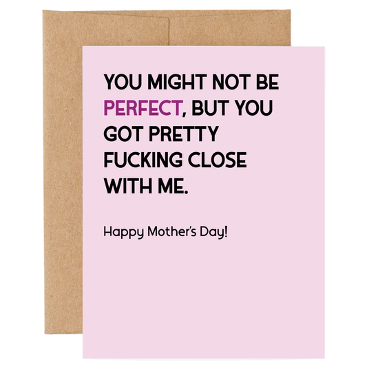 Card with humorous Mother's Day message on a pink background with brown envelope.