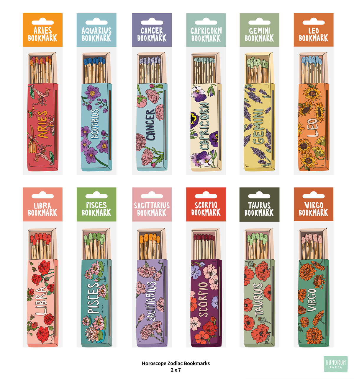 Zodiac Matchbox Bookmarks | Die-Cut Floral Astrology Bookmarks