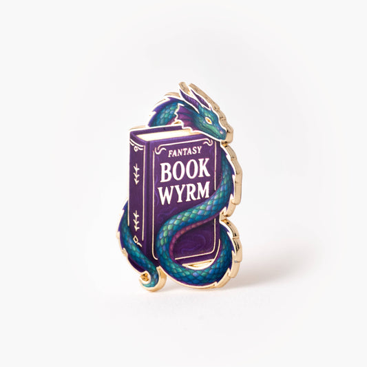 Fantasy 'Book Wyrm' pin with a dragon design on a white background
