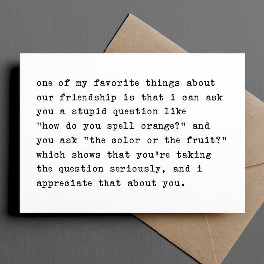Greeting card with a humorous friendship quote on a gray background