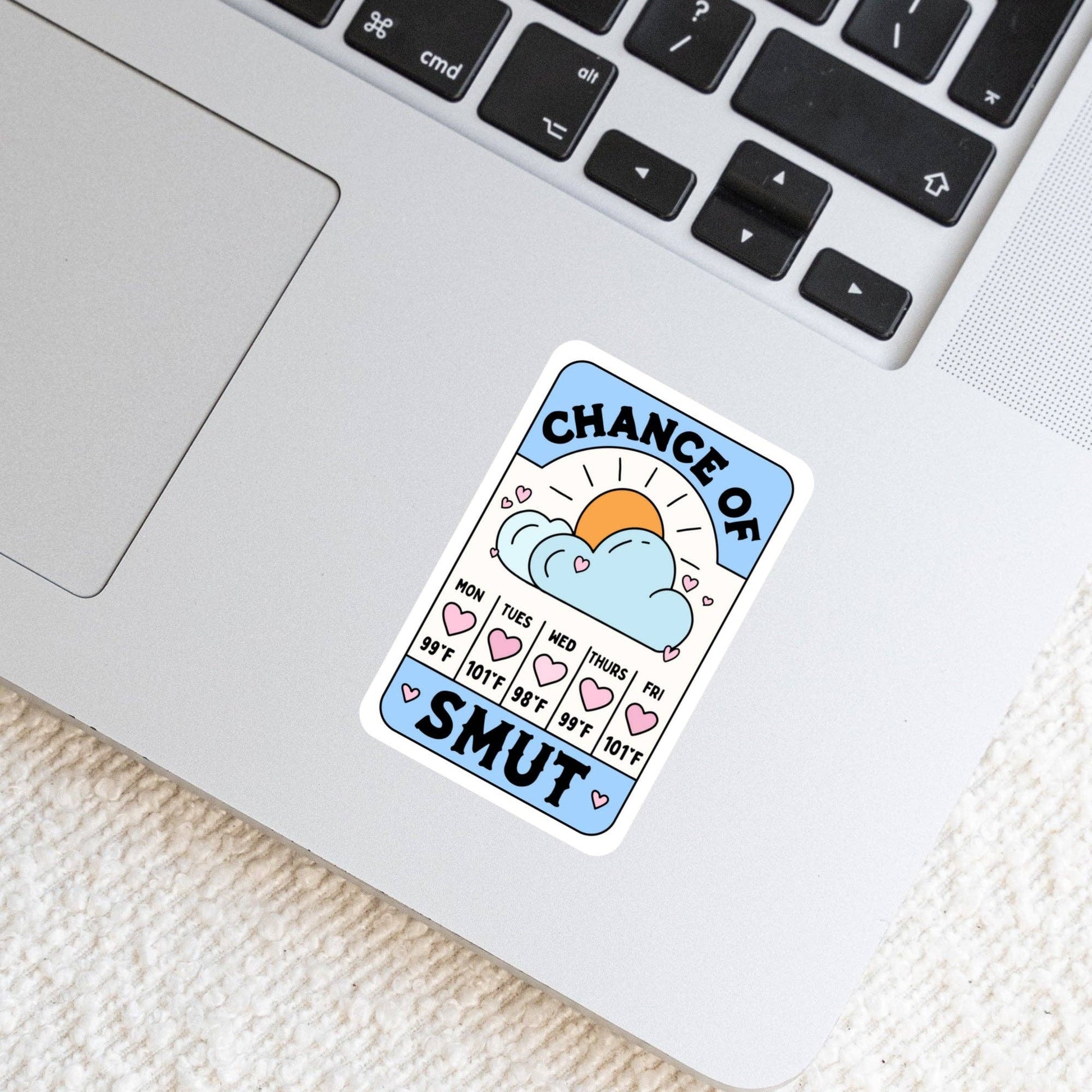 Sticker with 'Chance of Smut' text on a laptop keyboard